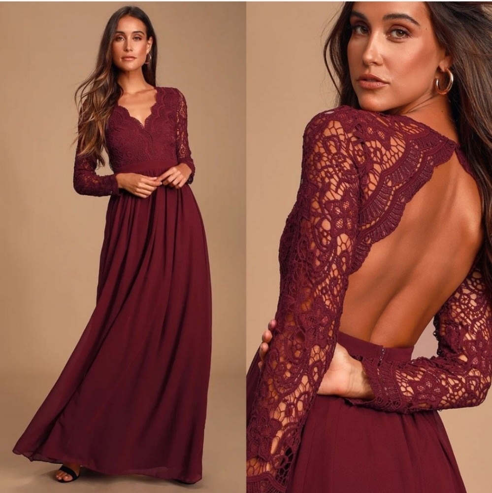 Long Sleeve Lace Back Burgundy Evening Dress